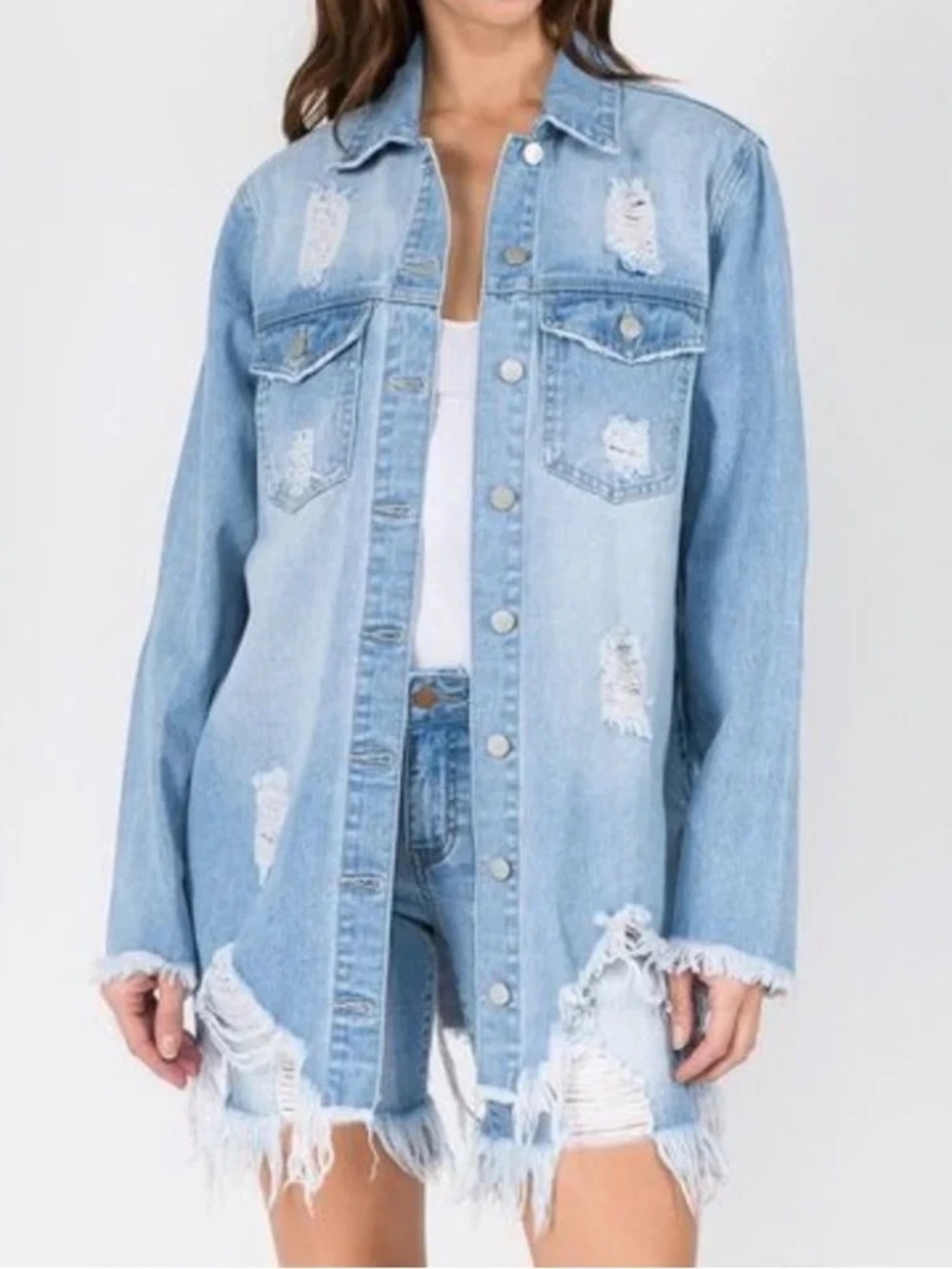 NWT Parker Jeans Relaxed Fit Denim Shirt Light Blue Distressed Denim Jacket M